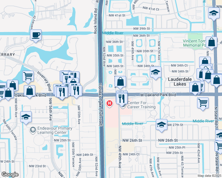 map of restaurants, bars, coffee shops, grocery stores, and more near 5131 West Oakland Park Boulevard in Lauderdale Lakes