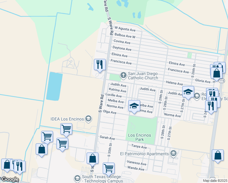 map of restaurants, bars, coffee shops, grocery stores, and more near 3504 Katrina Avenue in McAllen