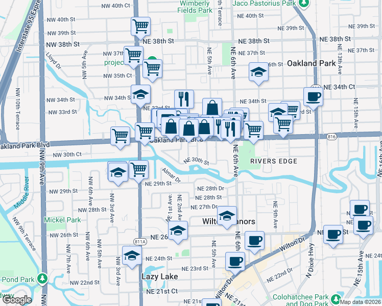 map of restaurants, bars, coffee shops, grocery stores, and more near 3036 Northeast 3rd Avenue in Wilton Manors