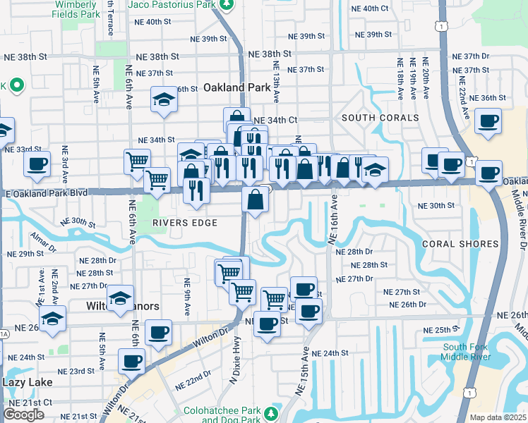 map of restaurants, bars, coffee shops, grocery stores, and more near 3075-3085 Northeast 13th Avenue in Oakland Park