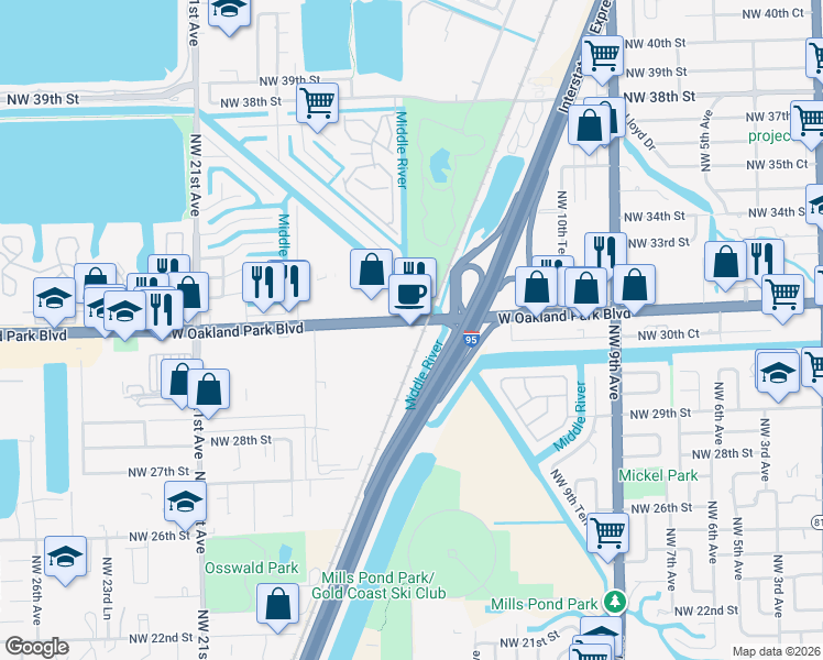 map of restaurants, bars, coffee shops, grocery stores, and more near 1506 West Oakland Park Boulevard in Oakland Park