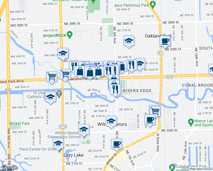 map of restaurants, bars, coffee shops, grocery stores, and more near 3072 Northeast 5th Avenue in Wilton Manors