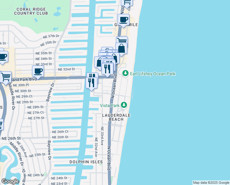 map of restaurants, bars, coffee shops, grocery stores, and more near 3025 Center Avenue in Fort Lauderdale