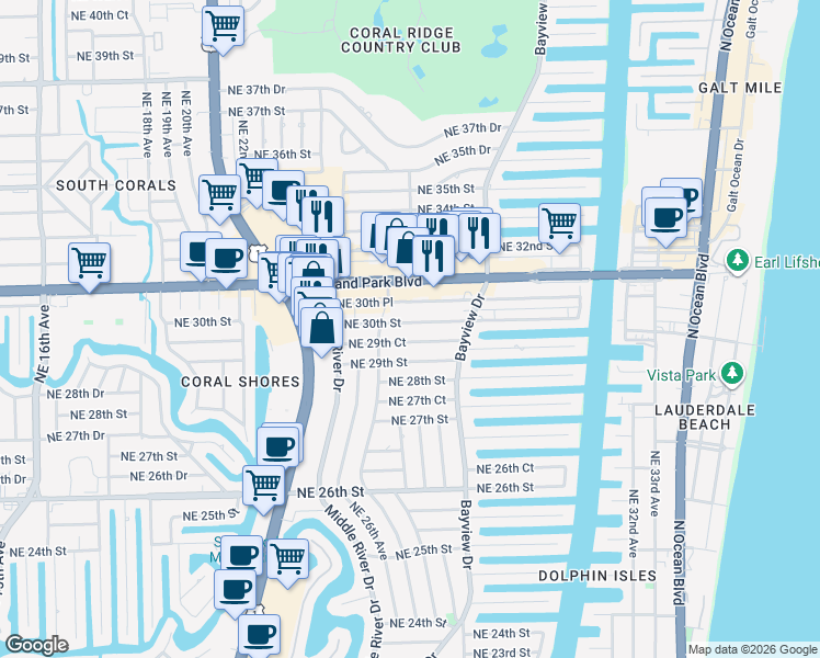 map of restaurants, bars, coffee shops, grocery stores, and more near in Oakland Park