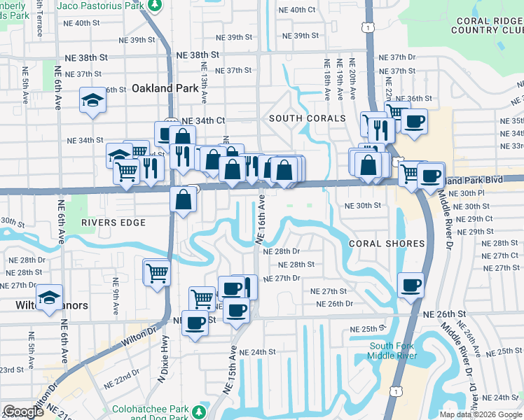 map of restaurants, bars, coffee shops, grocery stores, and more near 3040 Northeast 16th Avenue in Oakland Park