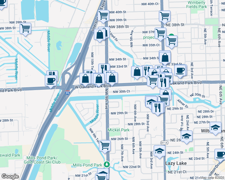 map of restaurants, bars, coffee shops, grocery stores, and more near in Wilton Manors