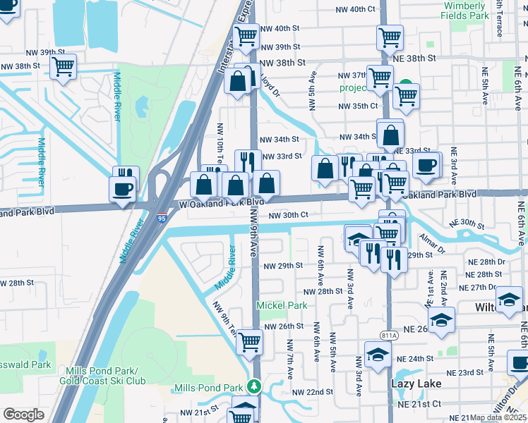 map of restaurants, bars, coffee shops, grocery stores, and more near in Wilton Manors