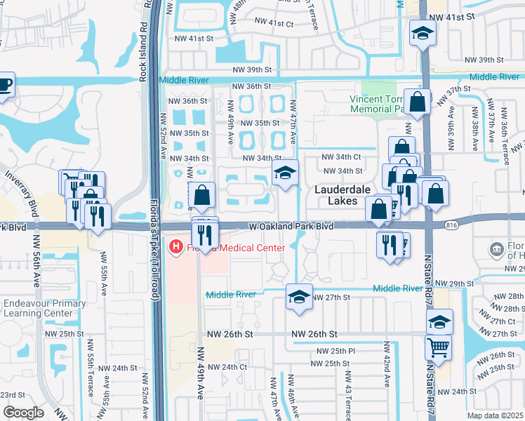 map of restaurants, bars, coffee shops, grocery stores, and more near 3121 Northwest 47th Terrace in Lauderdale Lakes