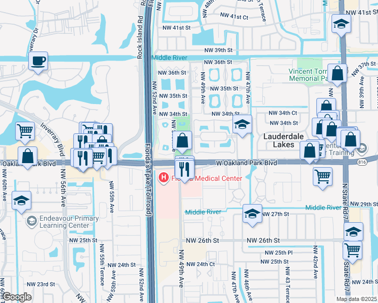 map of restaurants, bars, coffee shops, grocery stores, and more near 5001 West Oakland Park Boulevard in Lauderdale Lakes