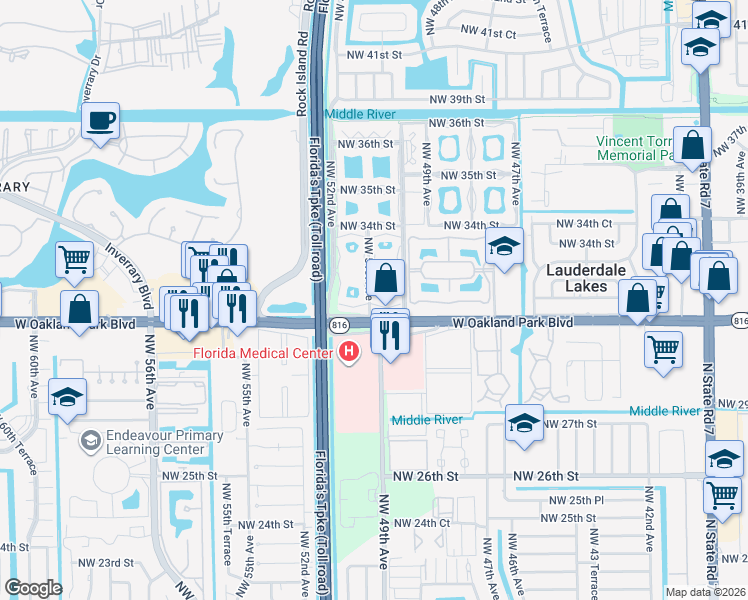 map of restaurants, bars, coffee shops, grocery stores, and more near 5001 West Oakland Park Boulevard in Lauderdale Lakes