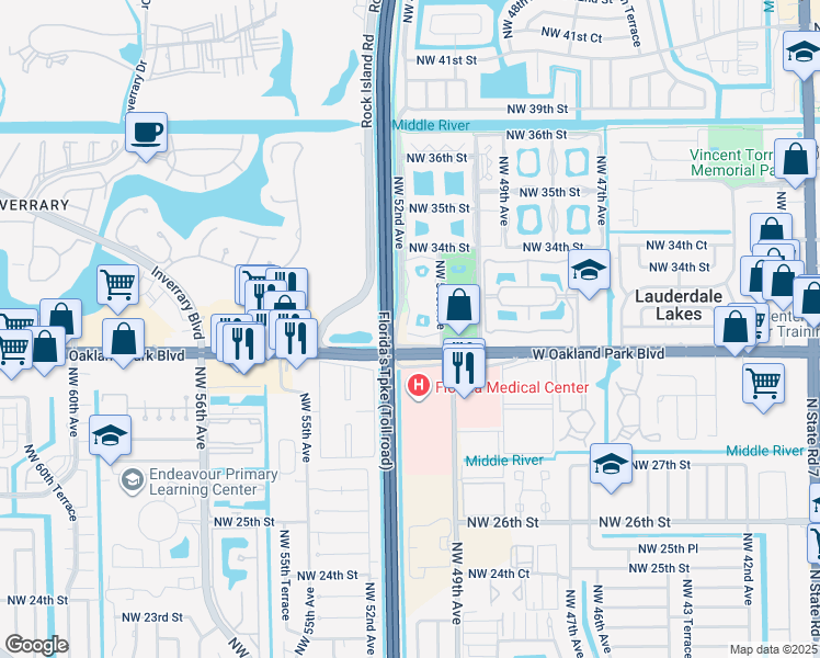 map of restaurants, bars, coffee shops, grocery stores, and more near 5131 West Oakland Park Boulevard in Lauderdale Lakes