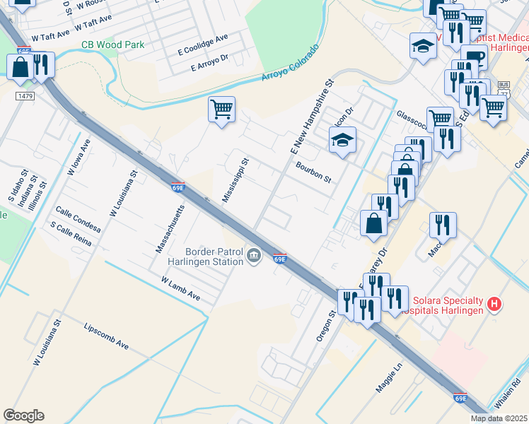 map of restaurants, bars, coffee shops, grocery stores, and more near 301 East New Hampshire Street in Harlingen