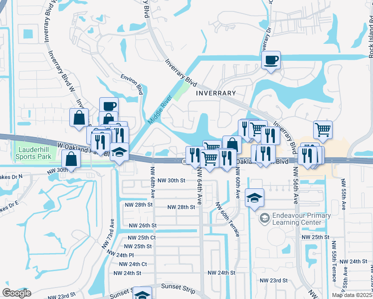 map of restaurants, bars, coffee shops, grocery stores, and more near 6475 West Oakland Park Boulevard in Lauderhill