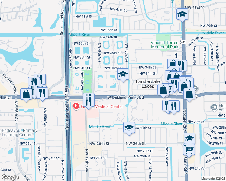 map of restaurants, bars, coffee shops, grocery stores, and more near 3121 Northwest 47th Terrace in Lauderdale Lakes