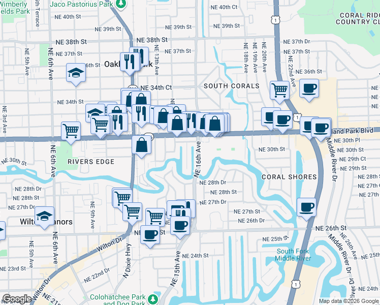 map of restaurants, bars, coffee shops, grocery stores, and more near 3044 Northeast 15th Terrace in Oakland Park