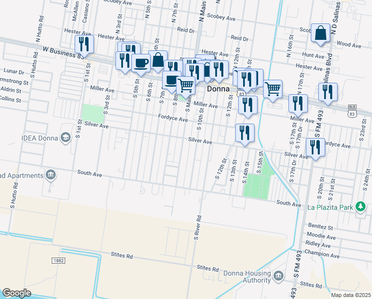 map of restaurants, bars, coffee shops, grocery stores, and more near 407 South Main Street in Donna