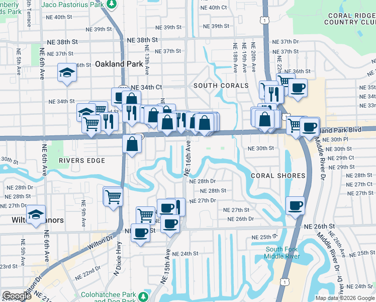 map of restaurants, bars, coffee shops, grocery stores, and more near 3040 Northeast 16th Avenue in Oakland Park