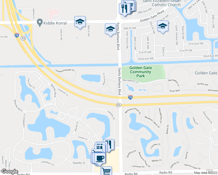 map of restaurants, bars, coffee shops, grocery stores, and more near 1203 Derbyshire Court in Naples