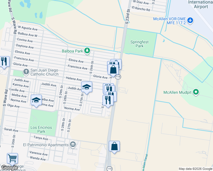 map of restaurants, bars, coffee shops, grocery stores, and more near 2400 Helena Avenue in McAllen