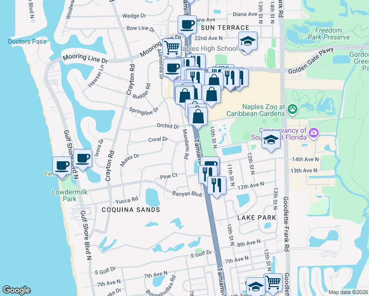 map of restaurants, bars, coffee shops, grocery stores, and more near 1588 Mandarin Road in Naples