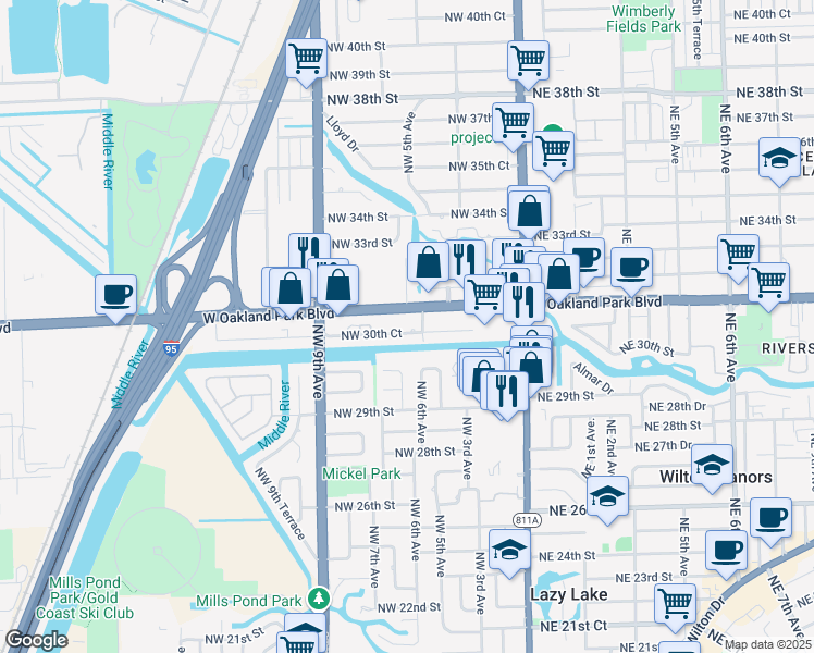 map of restaurants, bars, coffee shops, grocery stores, and more near 617 Northwest 30th Court in Wilton Manors