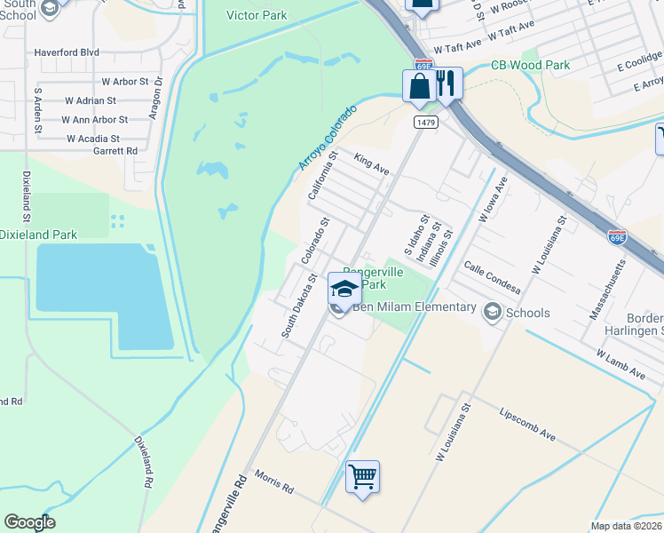 map of restaurants, bars, coffee shops, grocery stores, and more near 926 South Rangerville Road in Harlingen