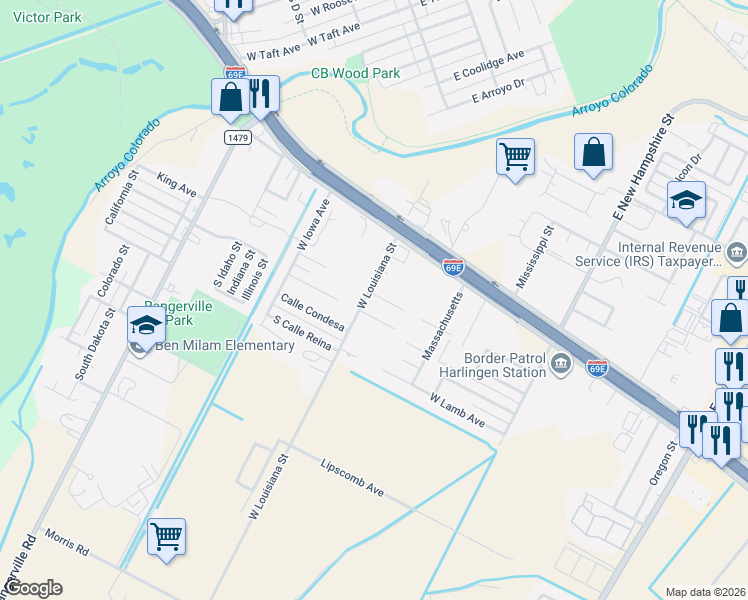 map of restaurants, bars, coffee shops, grocery stores, and more near 410 W Louisiana St in Harlingen