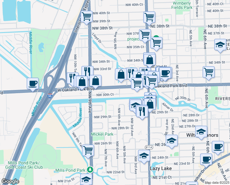 map of restaurants, bars, coffee shops, grocery stores, and more near 616 West Oakland Park Boulevard in Wilton Manors