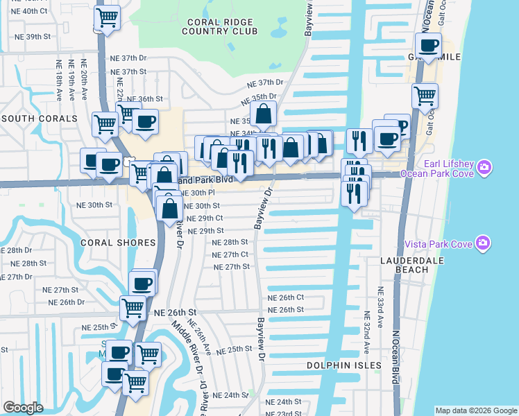 map of restaurants, bars, coffee shops, grocery stores, and more near 3000 Bayview Drive in Fort Lauderdale