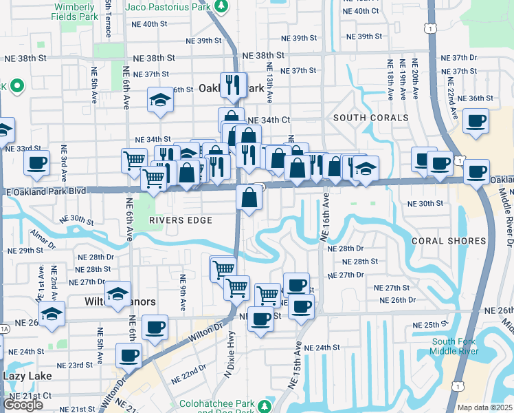 map of restaurants, bars, coffee shops, grocery stores, and more near 3075-3085 Northeast 13th Avenue in Oakland Park
