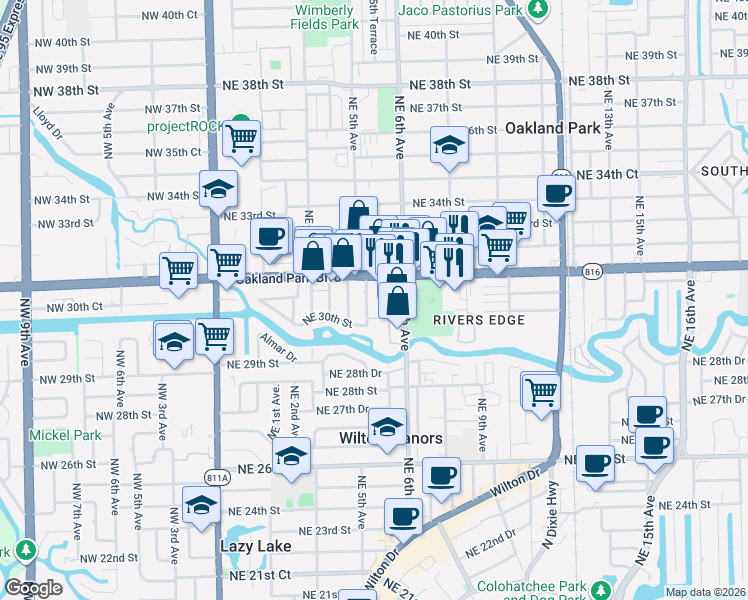 map of restaurants, bars, coffee shops, grocery stores, and more near 3030 Northeast 5th Terrace in Wilton Manors