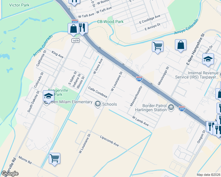 map of restaurants, bars, coffee shops, grocery stores, and more near 410 W Louisiana St in Harlingen