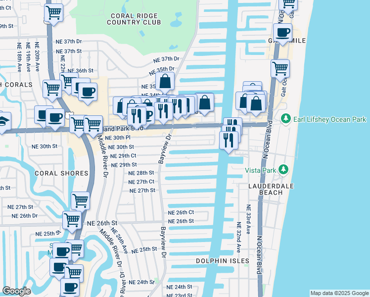 map of restaurants, bars, coffee shops, grocery stores, and more near 2829 Northeast 30th Street in Fort Lauderdale