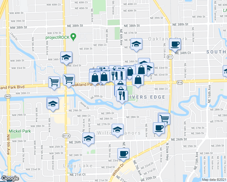 map of restaurants, bars, coffee shops, grocery stores, and more near 3073 Northeast 6th Avenue in Wilton Manors