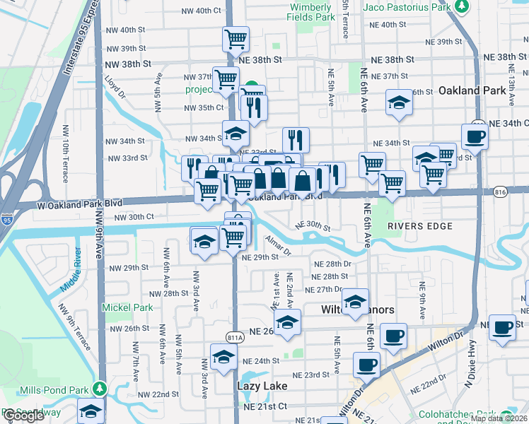 map of restaurants, bars, coffee shops, grocery stores, and more near 50 Northeast 30th Court in Wilton Manors