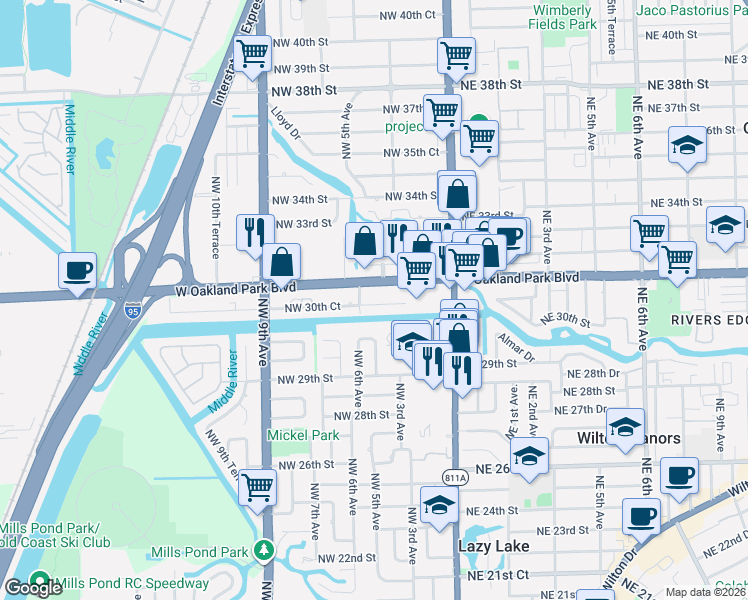 map of restaurants, bars, coffee shops, grocery stores, and more near 400 West Oakland Park Boulevard in Wilton Manors