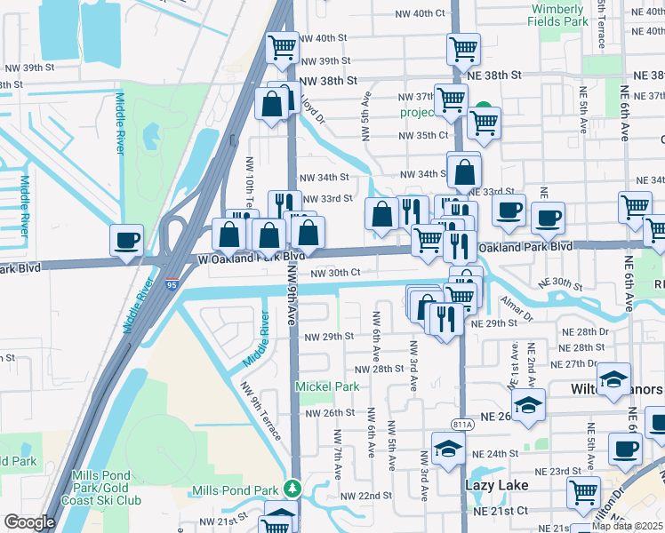 map of restaurants, bars, coffee shops, grocery stores, and more near 664 West Oakland Park Boulevard in Wilton Manors