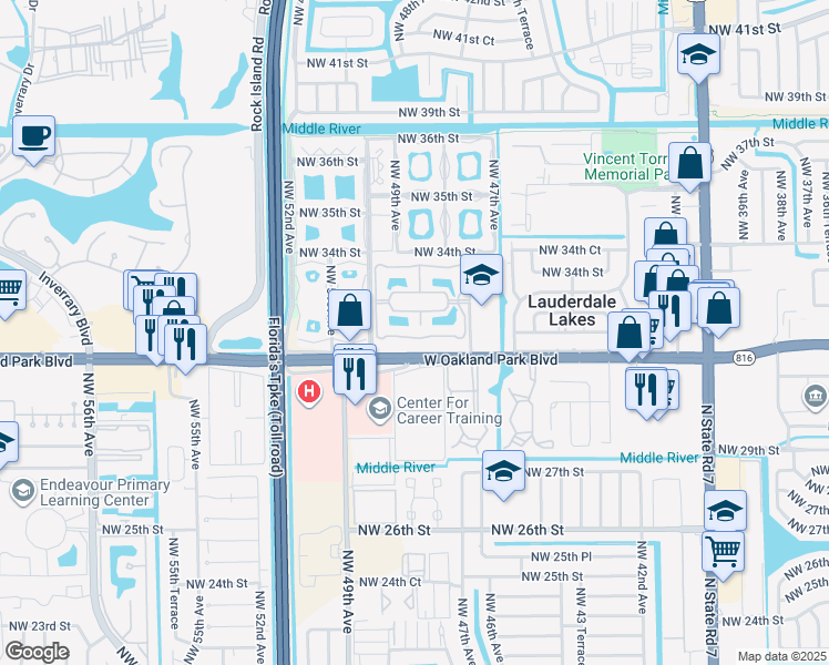 map of restaurants, bars, coffee shops, grocery stores, and more near 3121 Northwest 47th Terrace in Lauderdale Lakes