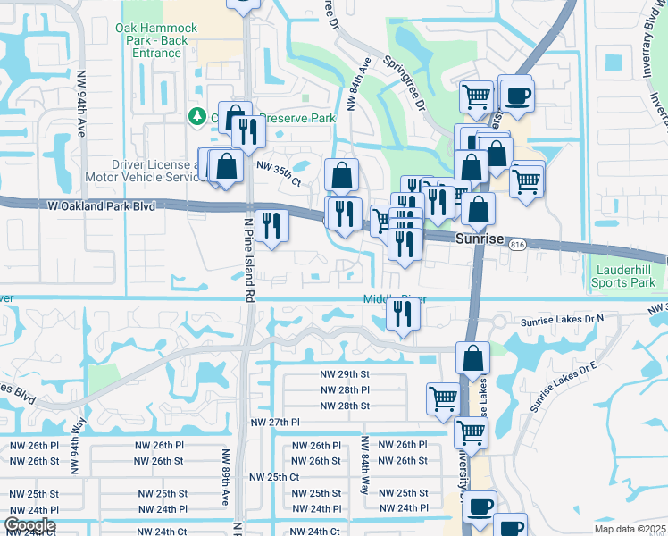 map of restaurants, bars, coffee shops, grocery stores, and more near 3186 Center Court in Sunrise