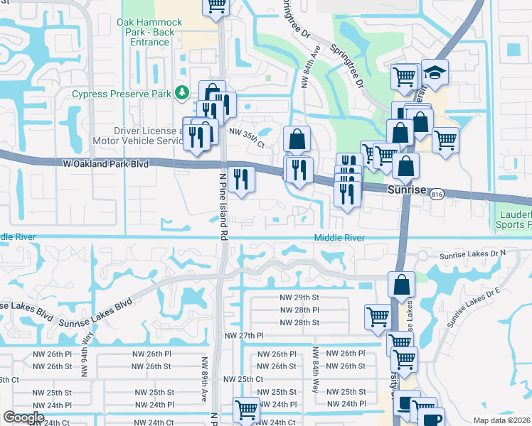 map of restaurants, bars, coffee shops, grocery stores, and more near 3246 Northwest 88th Avenue in Sunrise