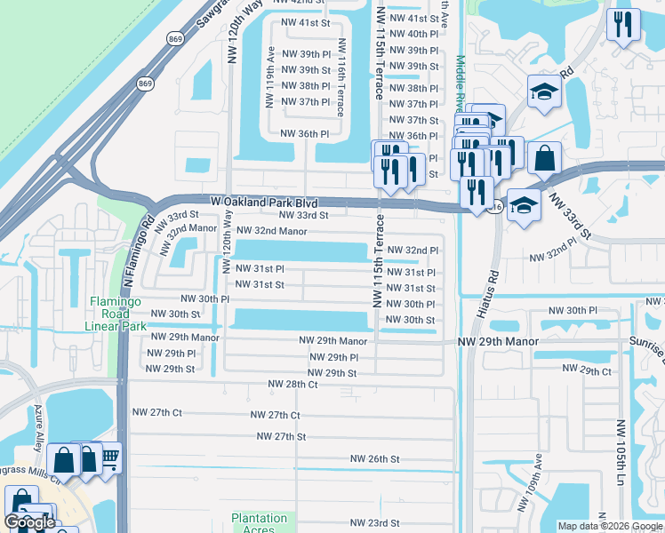 map of restaurants, bars, coffee shops, grocery stores, and more near 11651 Northwest 31st Place in Sunrise