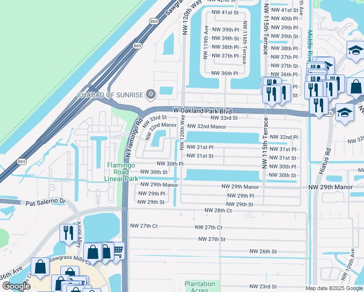 map of restaurants, bars, coffee shops, grocery stores, and more near 3180 Northwest 122nd Avenue in Sunrise