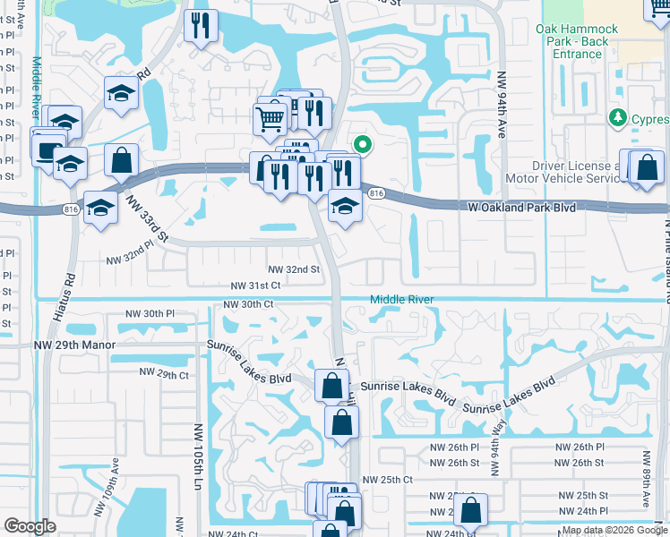 map of restaurants, bars, coffee shops, grocery stores, and more near 12440 Northwest 32nd Manor in Sunrise