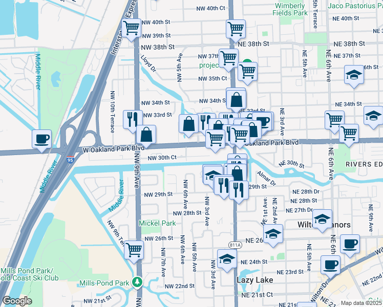 map of restaurants, bars, coffee shops, grocery stores, and more near 400 West Oakland Park Boulevard in Wilton Manors