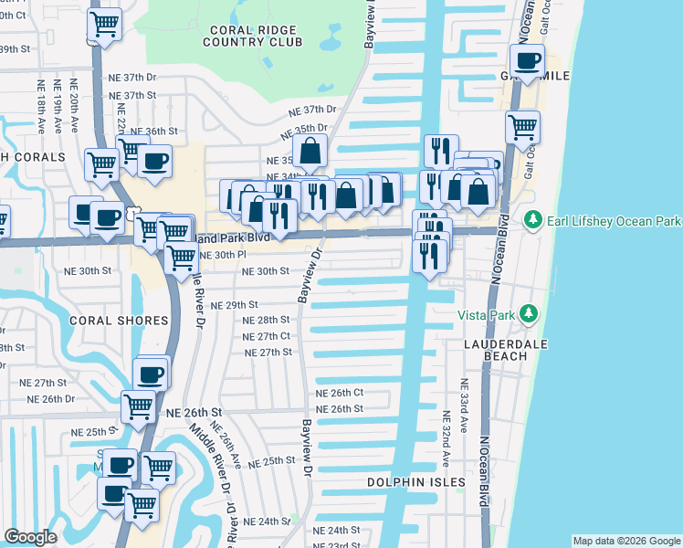 map of restaurants, bars, coffee shops, grocery stores, and more near 2829 Northeast 30th Street in Fort Lauderdale