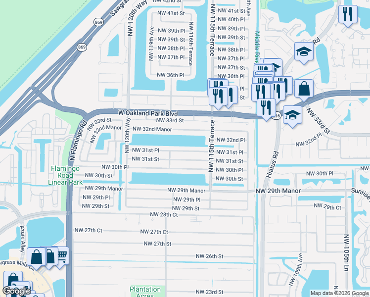 map of restaurants, bars, coffee shops, grocery stores, and more near 11651 Northwest 31st Place in Sunrise