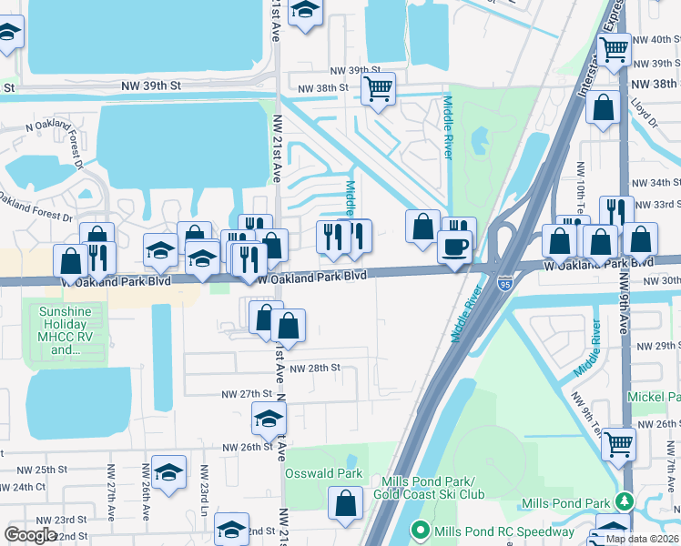 map of restaurants, bars, coffee shops, grocery stores, and more near West Oakland Park Boulevard in Oakland Park