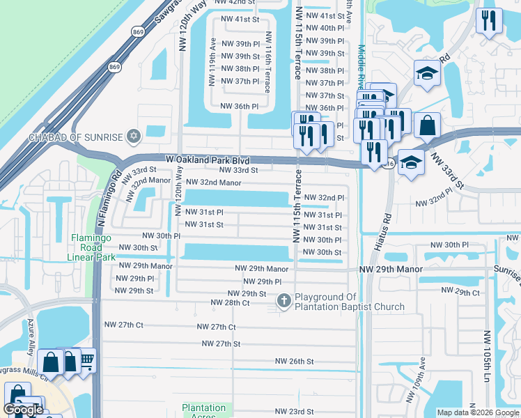 map of restaurants, bars, coffee shops, grocery stores, and more near 11661 Northwest 31st Place in Sunrise