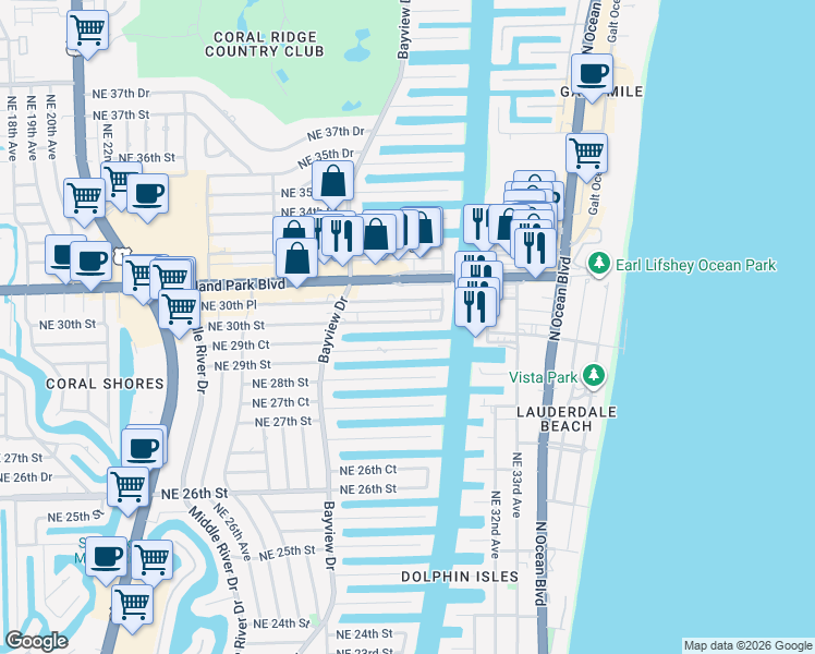 map of restaurants, bars, coffee shops, grocery stores, and more near 2861 Northeast 30th Street in Fort Lauderdale