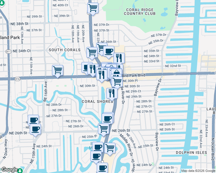 map of restaurants, bars, coffee shops, grocery stores, and more near 3045 North Federal Highway in Fort Lauderdale